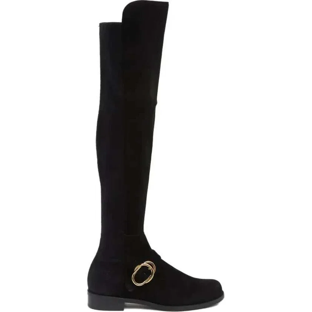 Stuart Weitzman Siella 50/50 Boots Over the Knee Black Suede Pull On Flat Sz 7